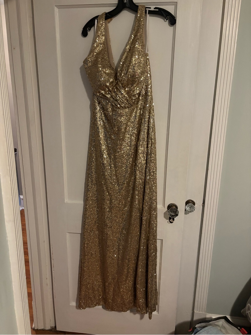 Christina Wu Celebration Gold Sequin V-Neck Evening Gown